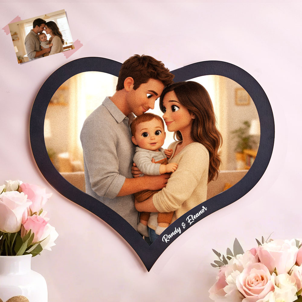 Personalized Heart Photo Frame, Custom Cartoon Couple Portrait for Valentine’s Day