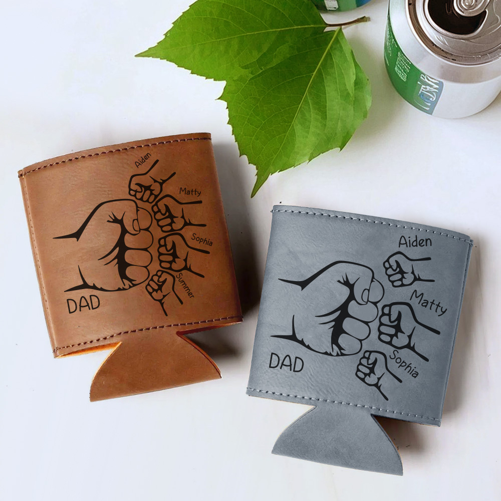 Dad Fist Bump Leather Can Cooler, Fathers Day Gift with Kids Names, Dad Gifts from Kids Dad Birthday Gift Personalized Gift for Dad, Grandpa