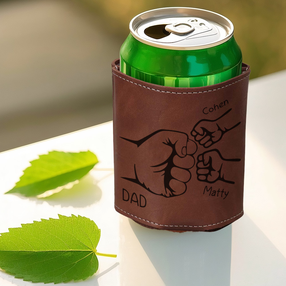 Dad Fist Bump Leather Can Cooler, Fathers Day Gift with Kids Names, Dad Gifts from Kids Dad Birthday Gift Personalized Gift for Dad, Grandpa