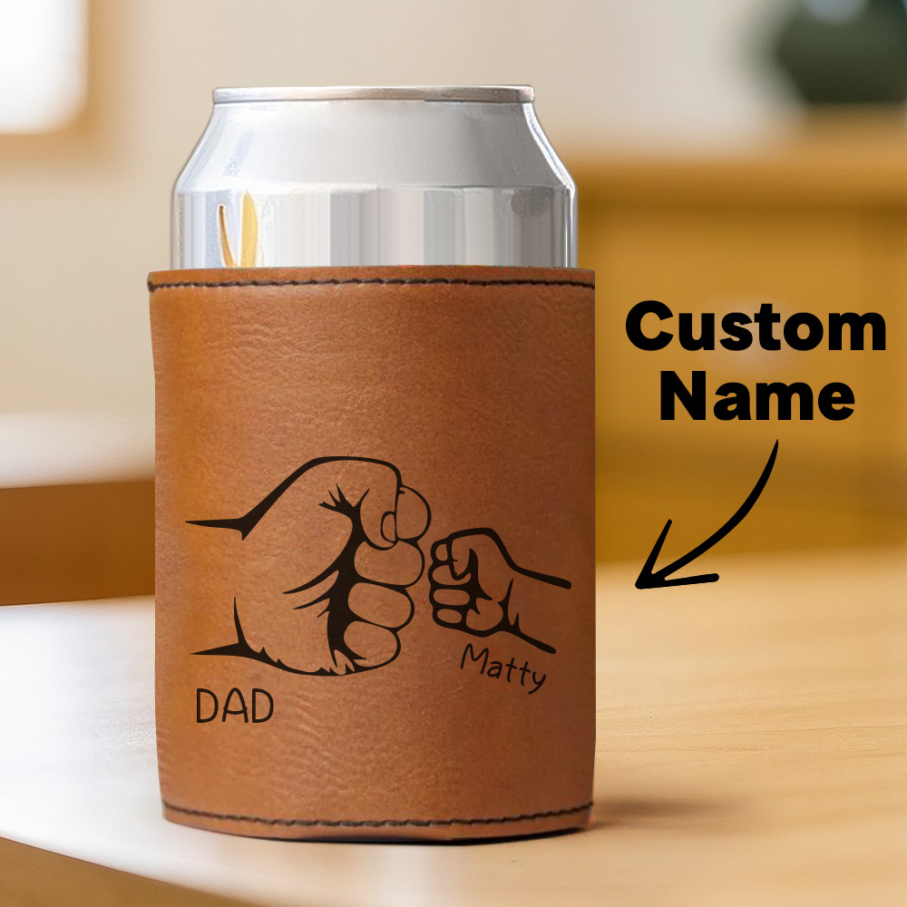 Dad Fist Bump Leather Can Cooler, Fathers Day Gift with Kids Names, Dad Gifts from Kids Dad Birthday Gift Personalized Gift for Dad, Grandpa