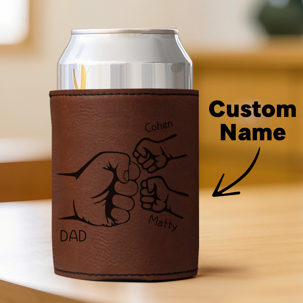 Dad Fist Bump Leather Can Cooler, Fathers Day Gift with Kids Names, Dad Gifts from Kids Dad Birthday Gift Personalized Gift for Dad, Grandpa