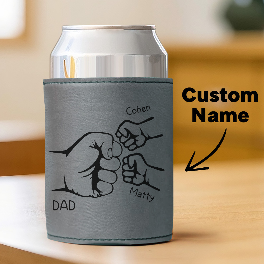 Dad Fist Bump Leather Can Cooler, Fathers Day Gift with Kids Names, Dad Gifts from Kids Dad Birthday Gift Personalized Gift for Dad, Grandpa