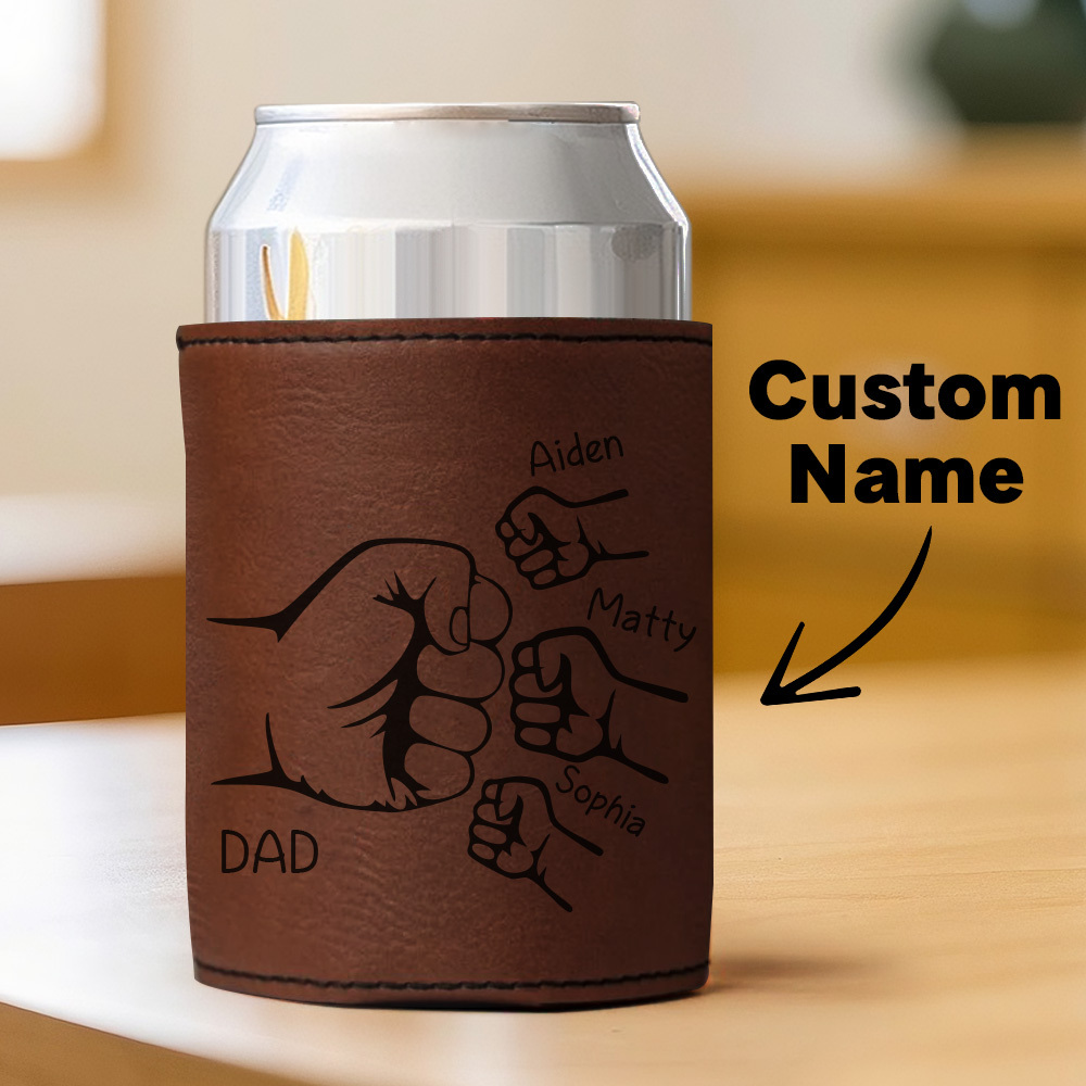 Dad Fist Bump Leather Can Cooler, Fathers Day Gift with Kids Names, Dad Gifts from Kids Dad Birthday Gift Personalized Gift for Dad, Grandpa