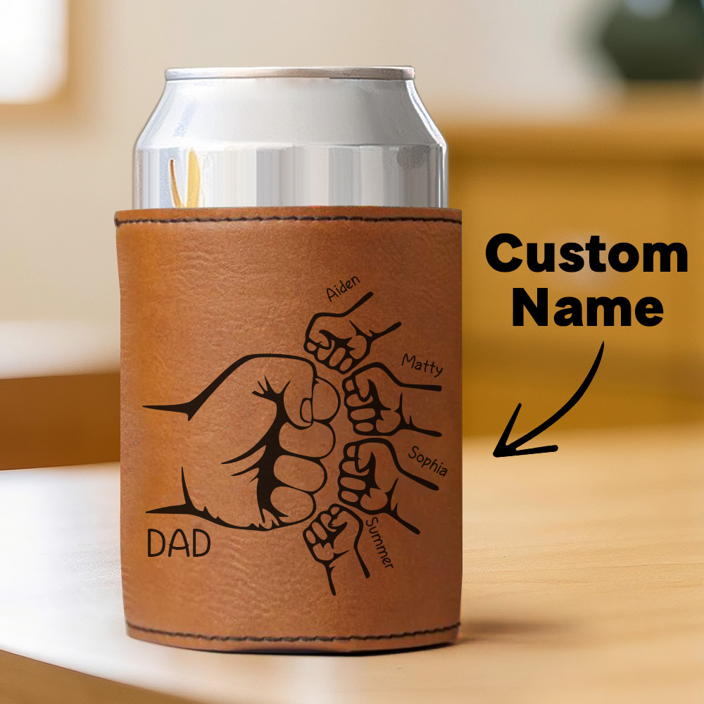 Dad Fist Bump Leather Can Cooler, Fathers Day Gift with Kids Names, Dad Gifts from Kids Dad Birthday Gift Personalized Gift for Dad, Grandpa