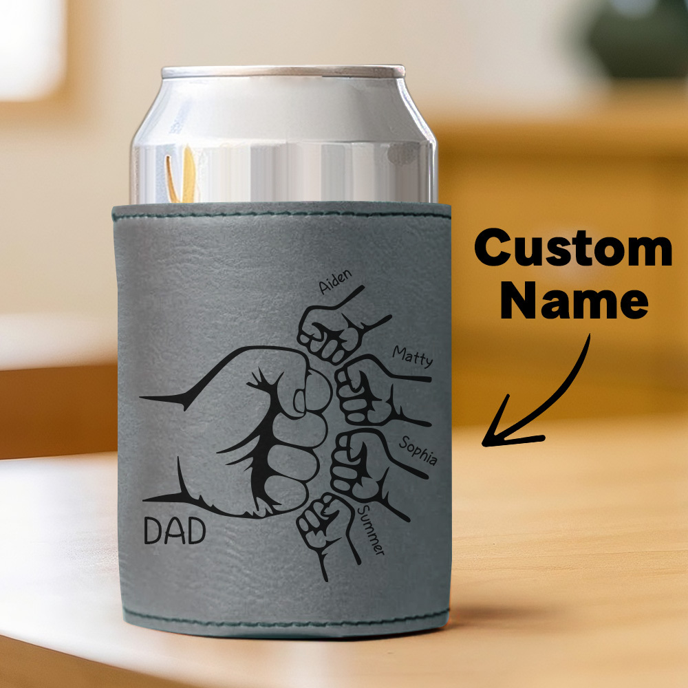 Dad Fist Bump Leather Can Cooler, Fathers Day Gift with Kids Names, Dad Gifts from Kids Dad Birthday Gift Personalized Gift for Dad, Grandpa