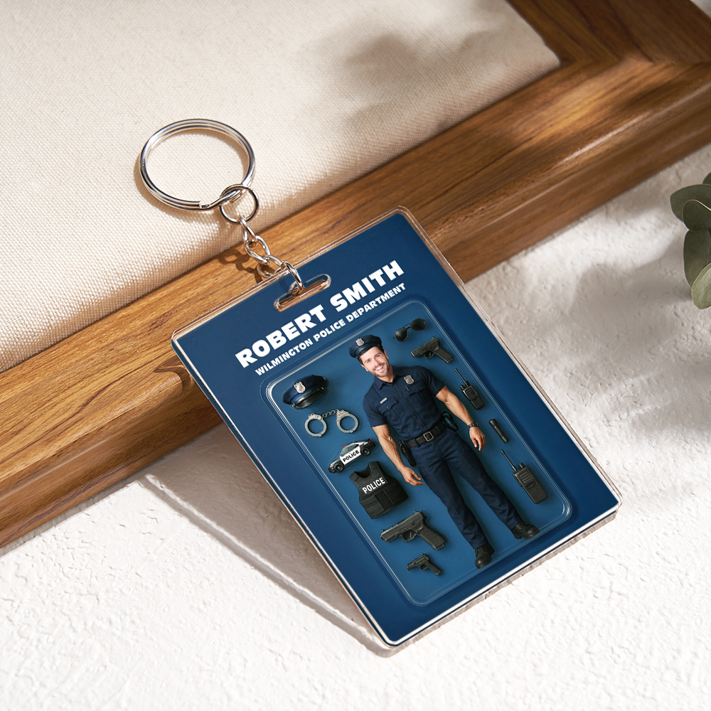 Custom 3D Effect Action Figure Customizable Head Packaging Toy Box Style Art Gift Personalized Acrylic Keychain Gift for Police Officers - CustomPhotoKeychainUK