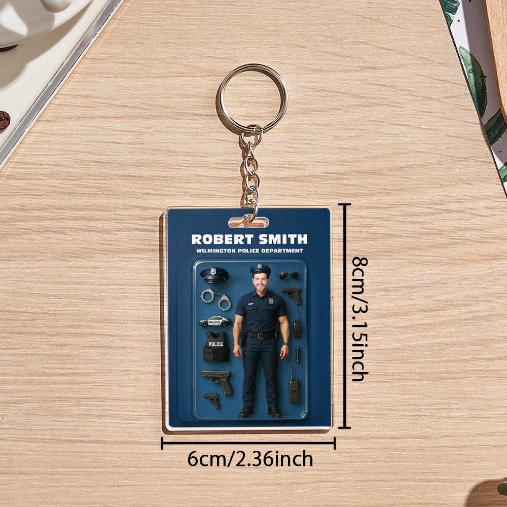 Custom 3D Effect Action Figure Customizable Head Packaging Toy Box Style Art Gift Personalized Acrylic Keychain Gift for Police Officers - CustomPhotoKeychainUK