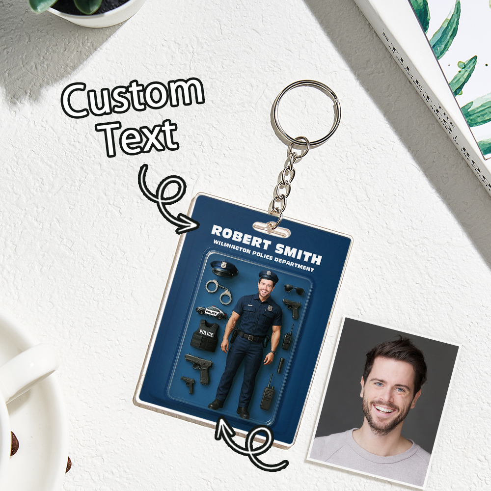 Custom 3D Effect Action Figure Customizable Head Packaging Toy Box Style Art Gift Personalized Acrylic Keychain Gift for Police Officers - CustomPhotoKeychainUK