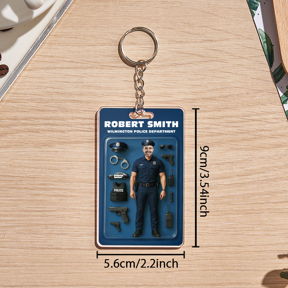 Custom 3D Effect Action Figure Customizable Head Packaging Toy Box Style Art Gift Personalized Acrylic Keychain Gift for Police Officers - CustomPhotoKeychainUK