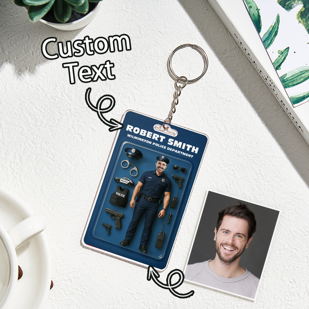 Custom 3D Effect Action Figure Customizable Head Packaging Toy Box Style Art Gift Personalized Acrylic Keychain Gift for Police Officers - CustomPhotoKeychainUK