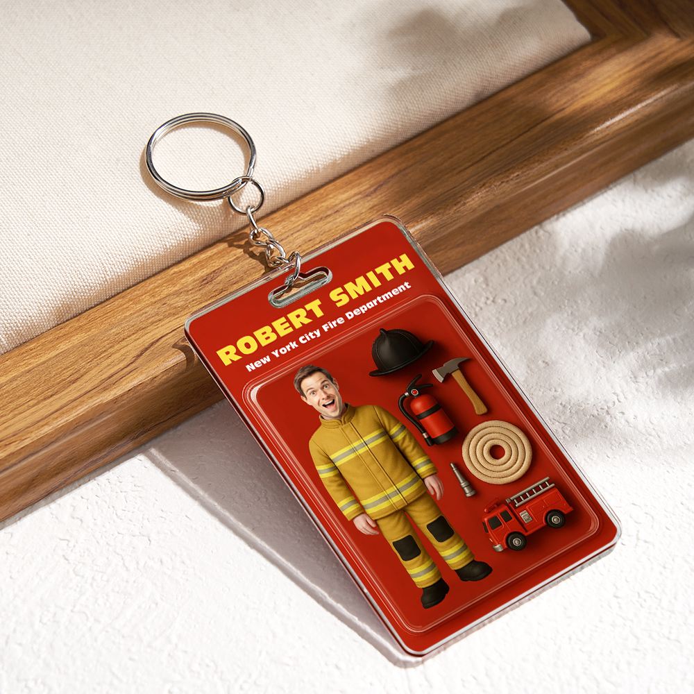 Custom 3D Effect Action Figure Customizable Head Packaging Toy Box Style Art Gift Personalized Acrylic Keychain Gift for Firefighter - CustomPhotoKeychainUK