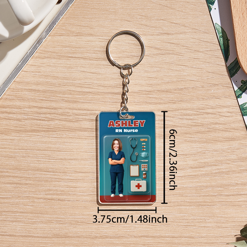 Custom 3D Effect Action Figure Customizable Head Packaging Toy Box Style Art Gift Personalized Acrylic Keychain Nurses Day Gift for Nurse - CustomPhotoKeychainUK