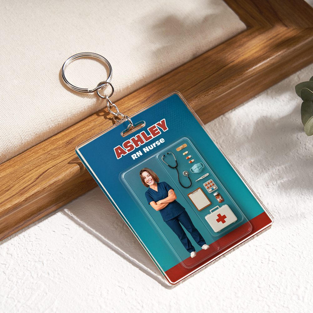 Custom 3D Effect Action Figure Customizable Head Packaging Toy Box Style Art Gift Personalized Acrylic Keychain Nurses Day Gift for Nurse - CustomPhotoKeychainUK