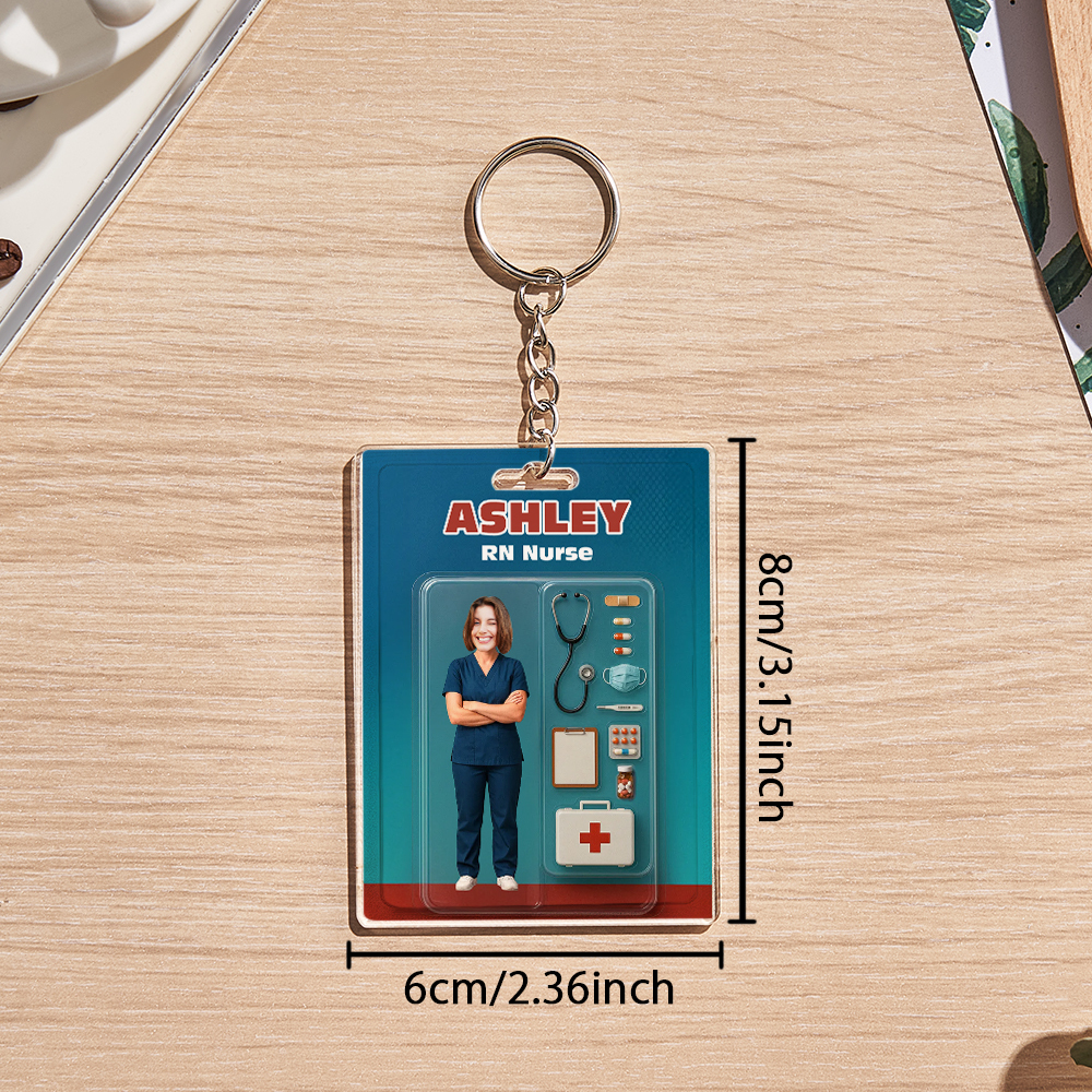 Custom 3D Effect Action Figure Customizable Head Packaging Toy Box Style Art Gift Personalized Acrylic Keychain Nurses Day Gift for Nurse - CustomPhotoKeychainUK