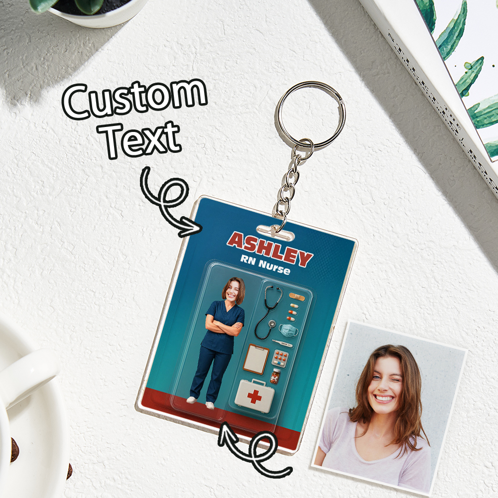 Custom 3D Effect Action Figure Customizable Head Packaging Toy Box Style Art Gift Personalized Acrylic Keychain Nurses Day Gift for Nurse - CustomPhotoKeychainUK