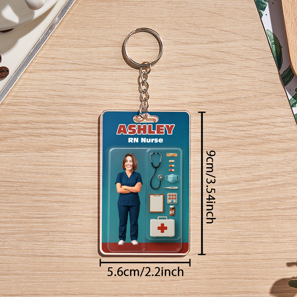 Custom 3D Effect Action Figure Customizable Head Packaging Toy Box Style Art Gift Personalized Acrylic Keychain Nurses Day Gift for Nurse - CustomPhotoKeychainUK