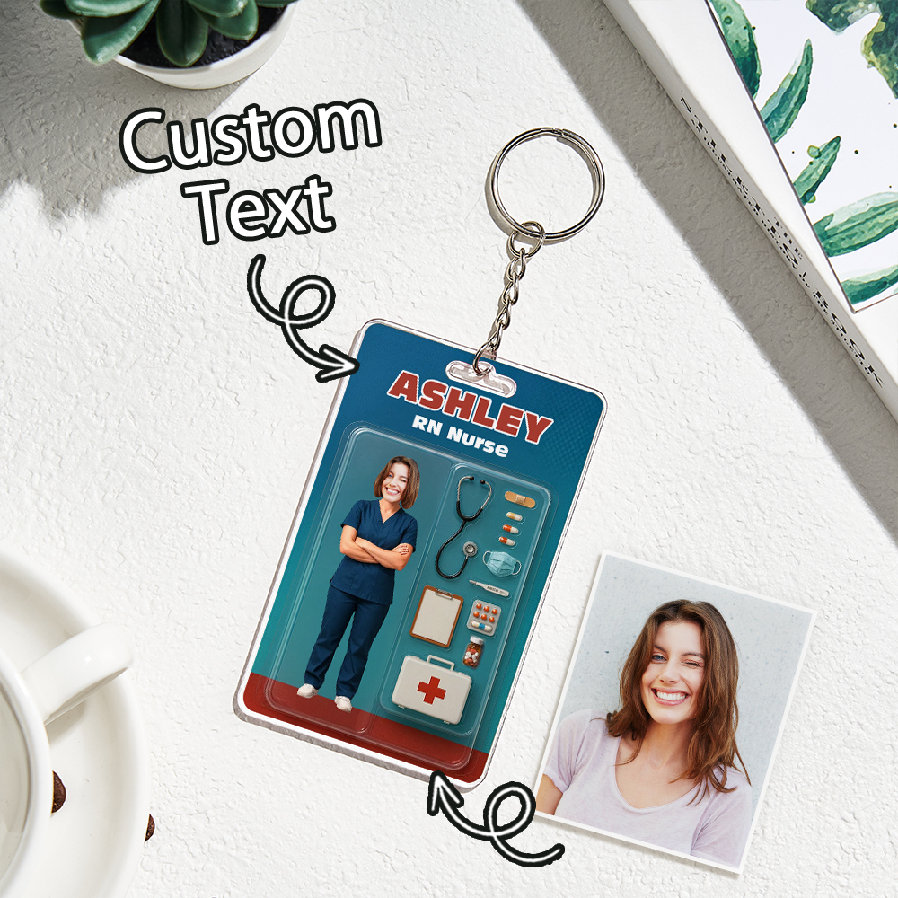 Custom 3D Effect Action Figure Customizable Head Packaging Toy Box Style Art Gift Personalized Acrylic Keychain Nurses Day Gift for Nurse - CustomPhotoKeychainUK