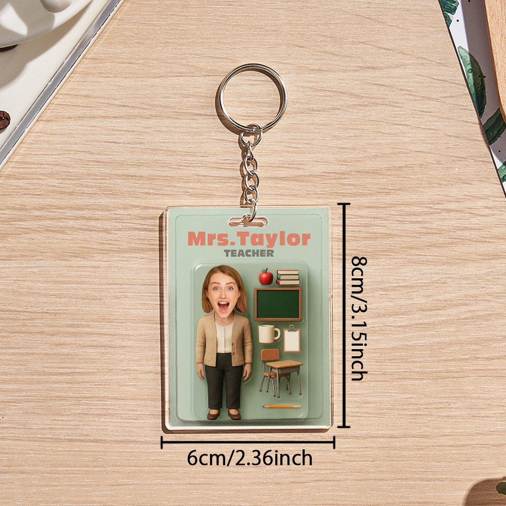 Custom 3D Effect Action Figure Customizable Head Packaging Toy Box Style Art Gift Personalized Acrylic Keychain Creative Gift for Teacher - CustomPhotoKeychainUK