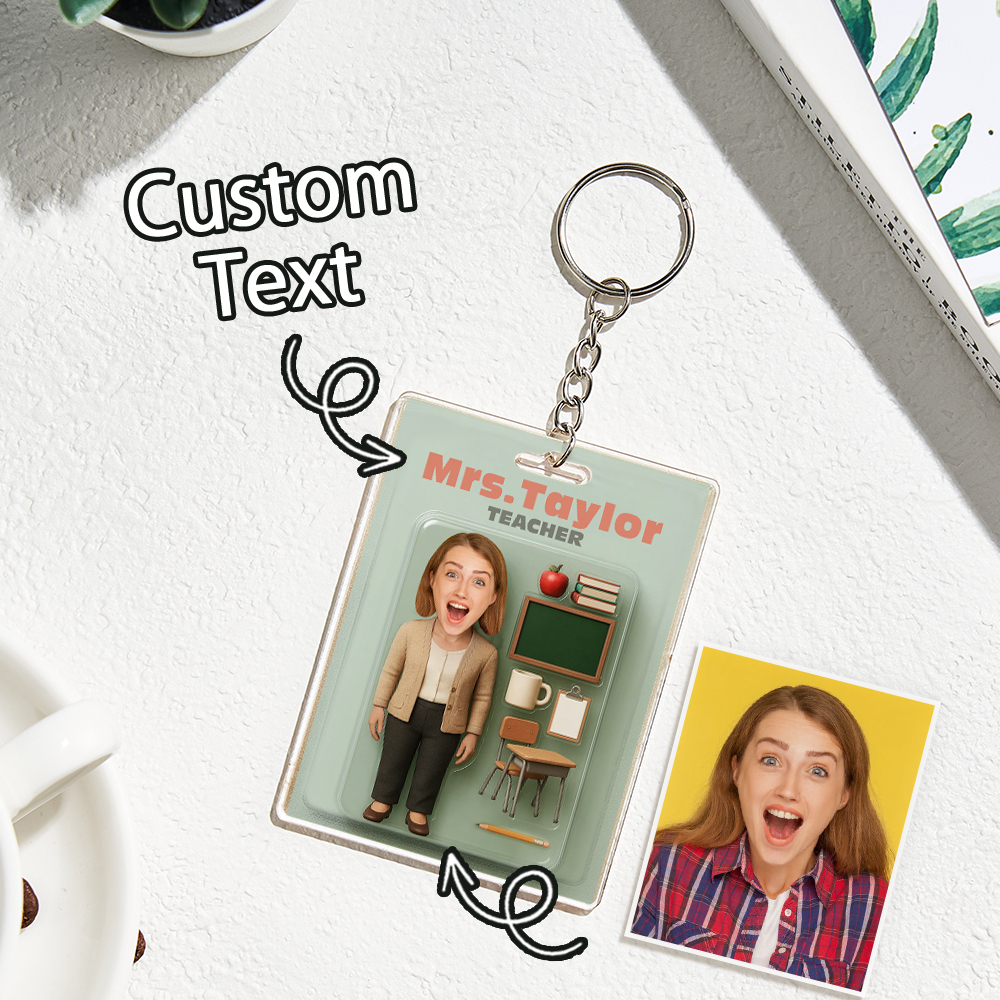 Custom 3D Effect Action Figure Customizable Head Packaging Toy Box Style Art Gift Personalized Acrylic Keychain Creative Gift for Teacher - CustomPhotoKeychainUK