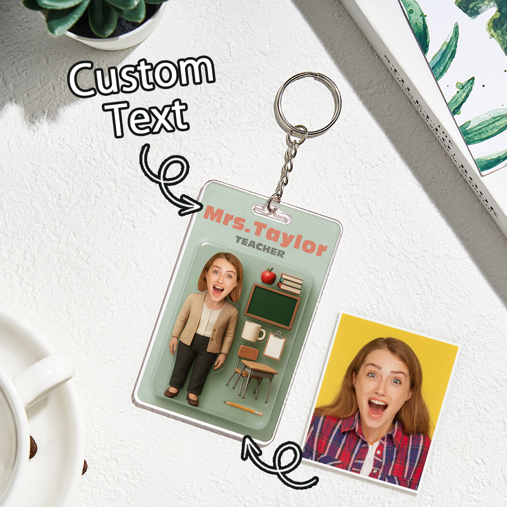 Custom 3D Effect Action Figure Customizable Head Packaging Toy Box Style Art Gift Personalized Acrylic Keychain Creative Gift for Teacher - CustomPhotoKeychainUK