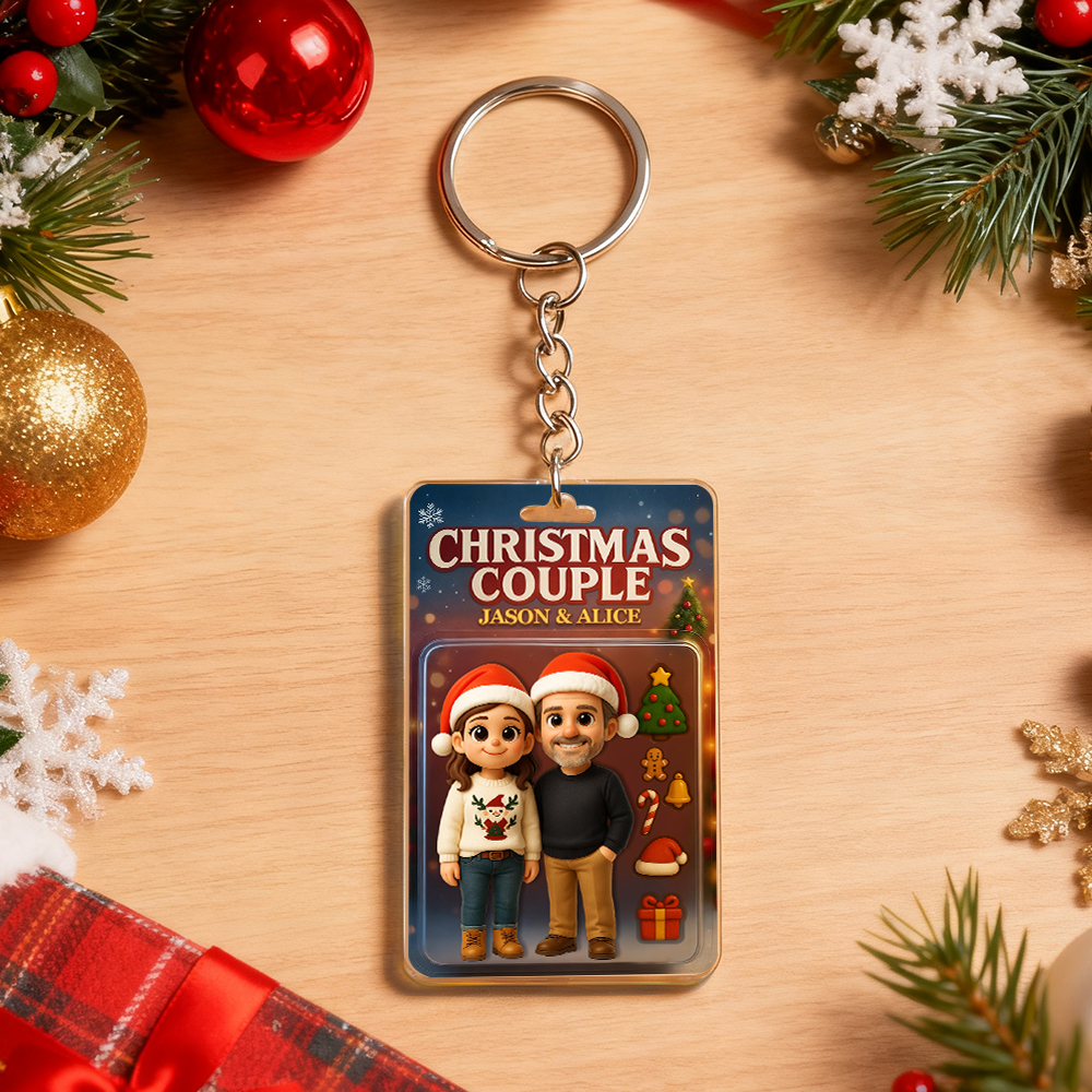 Custom Cartoon Christmas Couple Action Figure Keychain, A Heartwarming Holiday Keepsake, Best Christmas Gift for Him - CustomPhotoKeychainUK