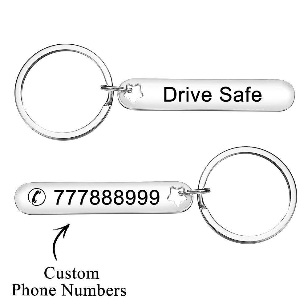 Custom Engraved Keychain Phone Number Drive Safe Metal Gifts - customphotokeychain