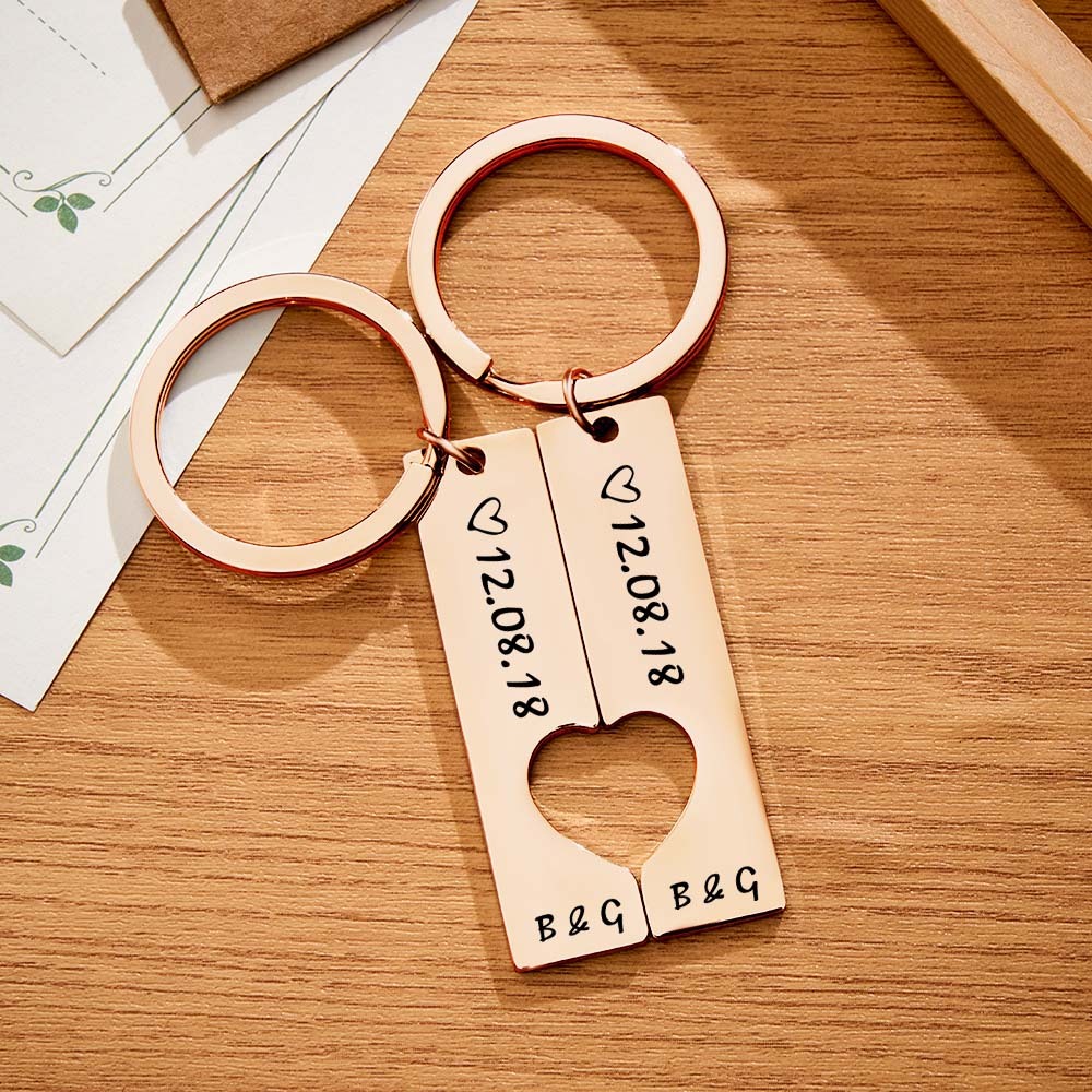 Couple Keychain Set Heart Custom Keychain Personalized 2pcs Matching Keyring Gift for Him - customphotokeychain