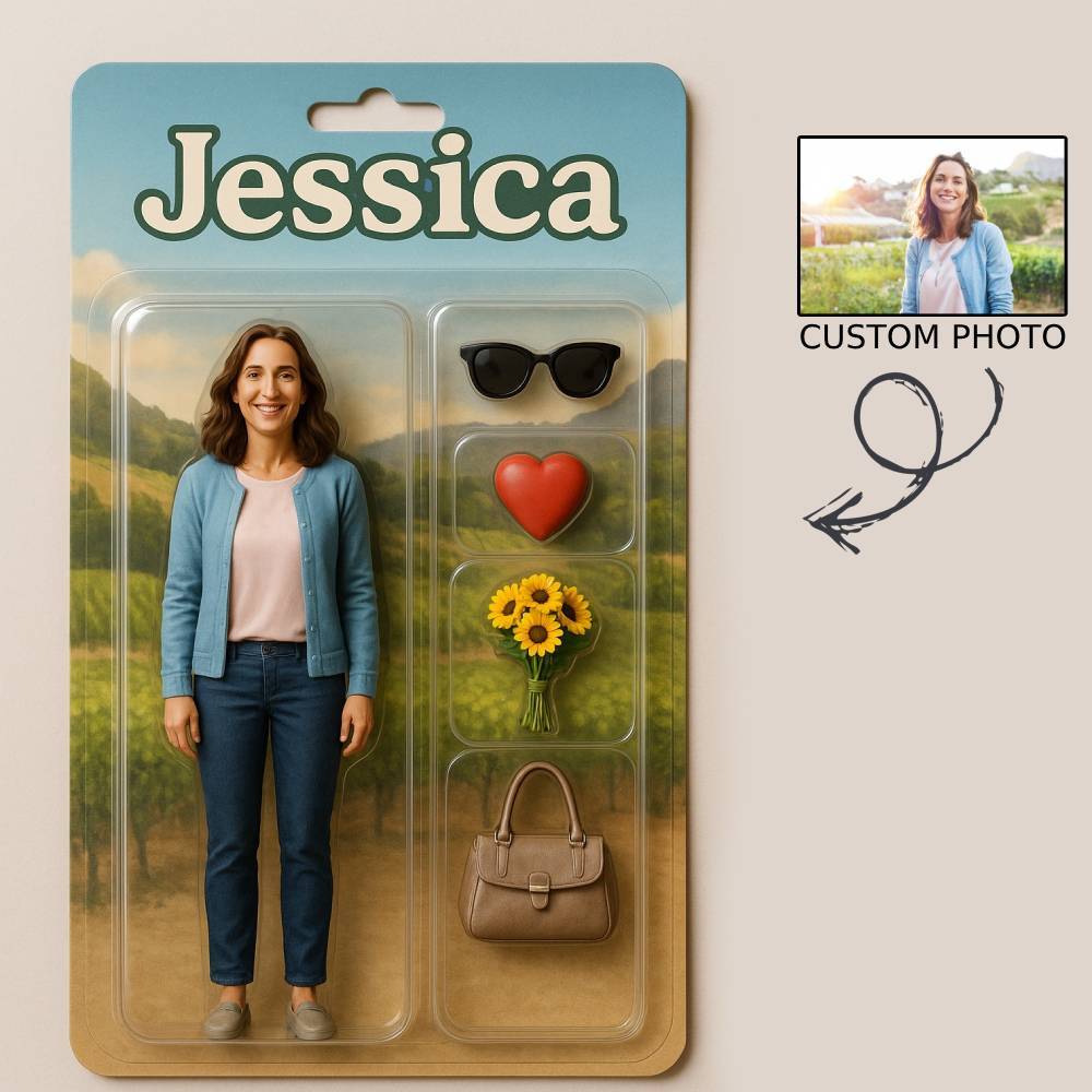 Custom 3D Effect Action Figure Pack Packaging Toy Box Style Art Gift Personalized Acrylic Car Hanger Gift for Dad - CustomPhotoKeychainUK
