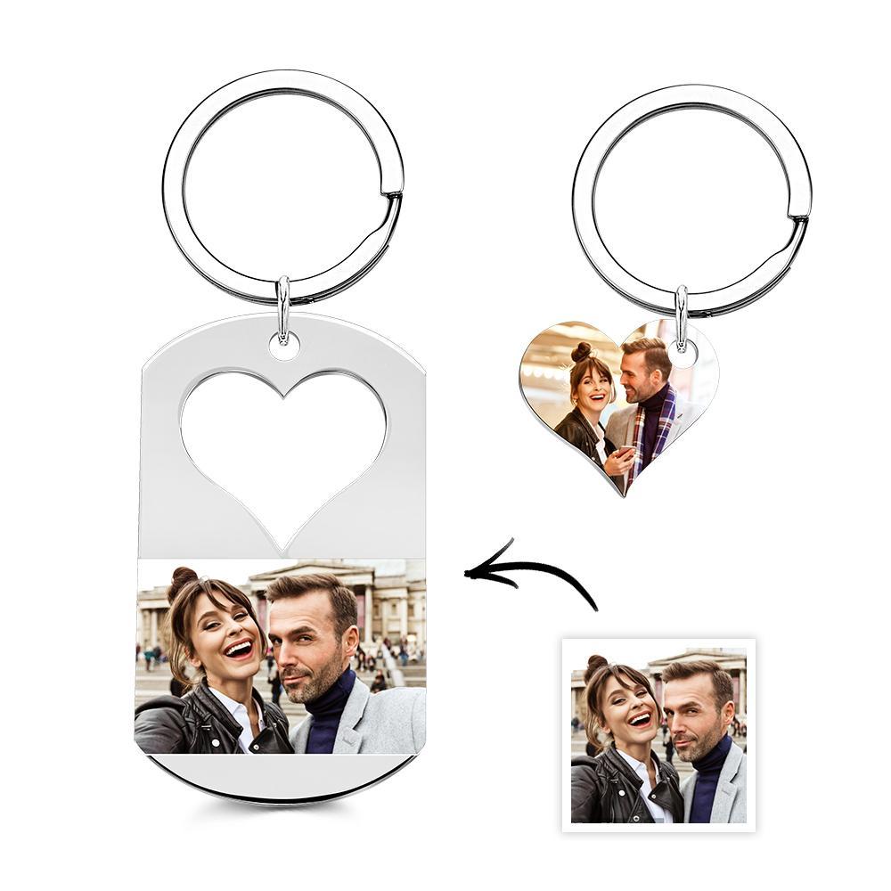 Custom Photo Engraved Keychain Creative Heart A Pair Couple Gifts - customphotokeychain