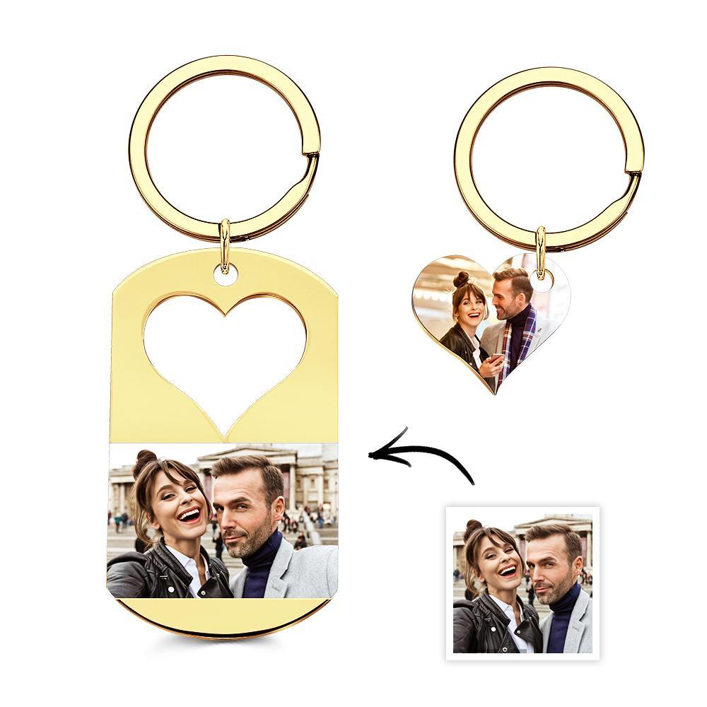 Custom Photo Engraved Keychain Creative Heart A Pair Couple Gifts - customphotokeychain