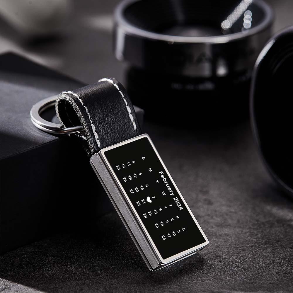 Customized Calendar Date Leather Keychain With Engraved Text Valentine Exclusive Gift For Men - customphotokeychain