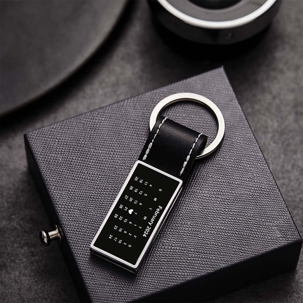 Customized Calendar Date Leather Keychain With Engraved Text Valentine Exclusive Gift For Men - customphotokeychain