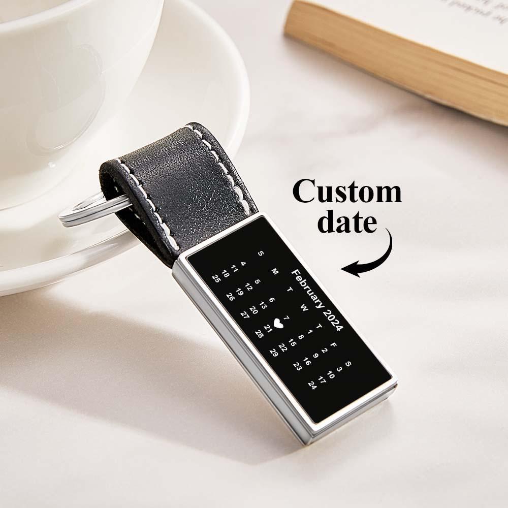 Customized Calendar Date Leather Keychain With Engraved Text Valentine Exclusive Gift For Men - customphotokeychain