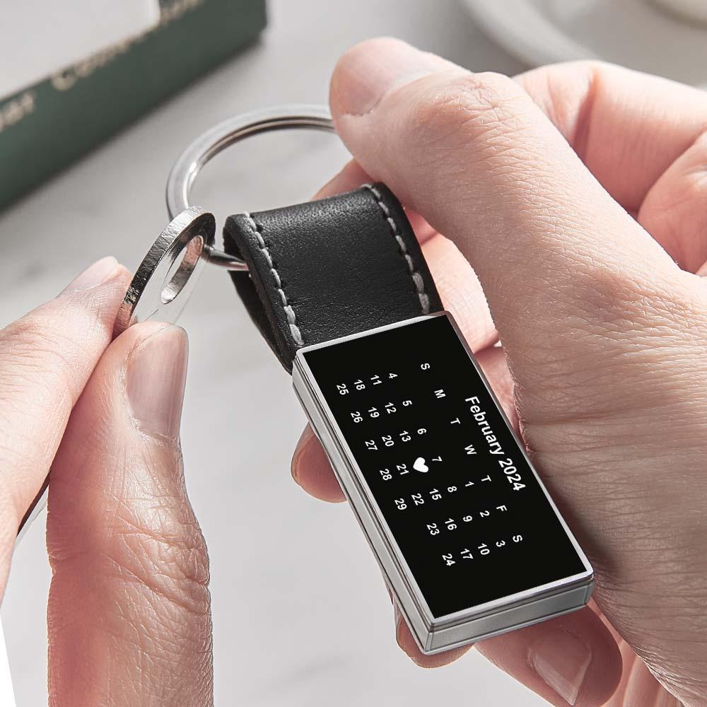 Customized Calendar Date Leather Keychain With Engraved Text Valentine Exclusive Gift For Men - customphotokeychain