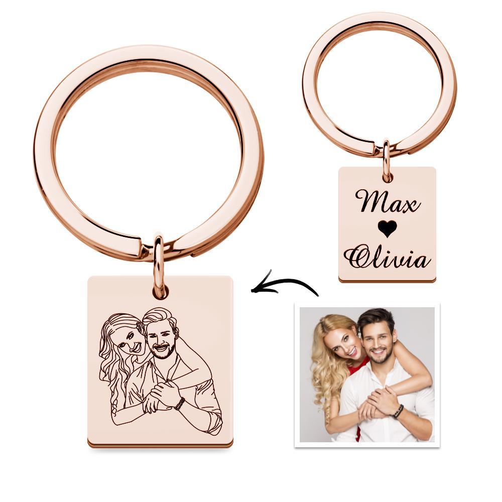 Custom Line Photo Keychain with Name for Couple Valentine's Gift - customphotokeychain