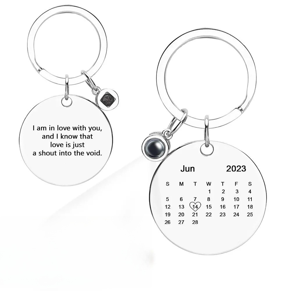 Custom Photo Projection Keychain Personalized Calendar with Text Key Ring