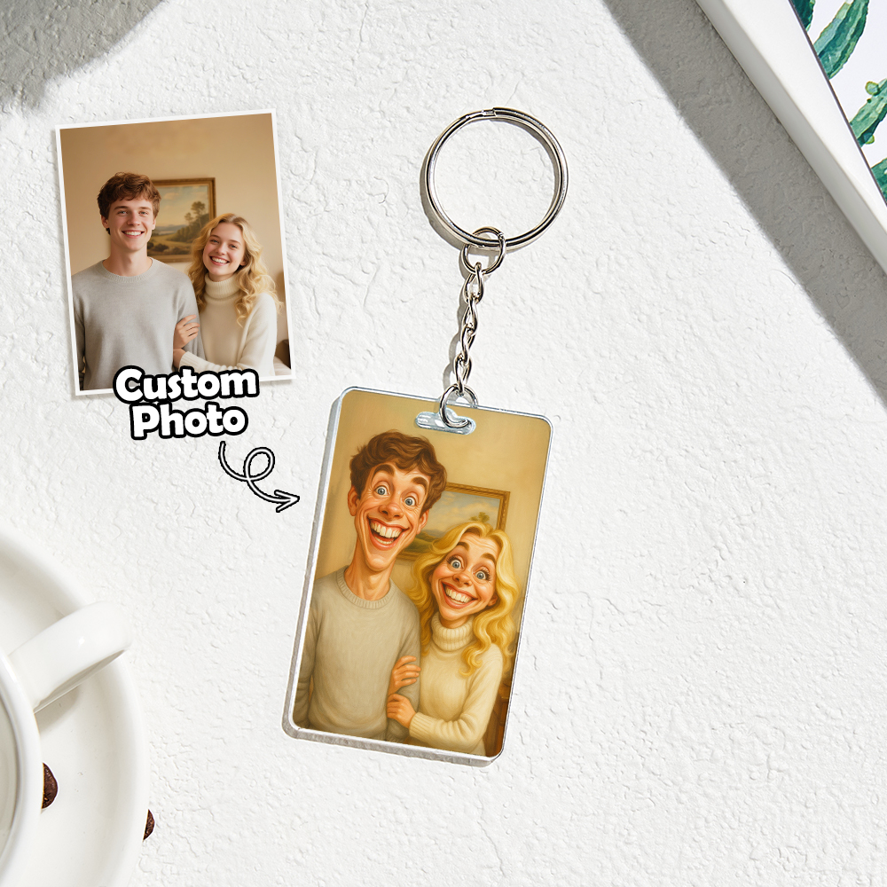 Custom Funny Caricature Portrait Keychain Transform Your Photo into Hilarious Art Gift
