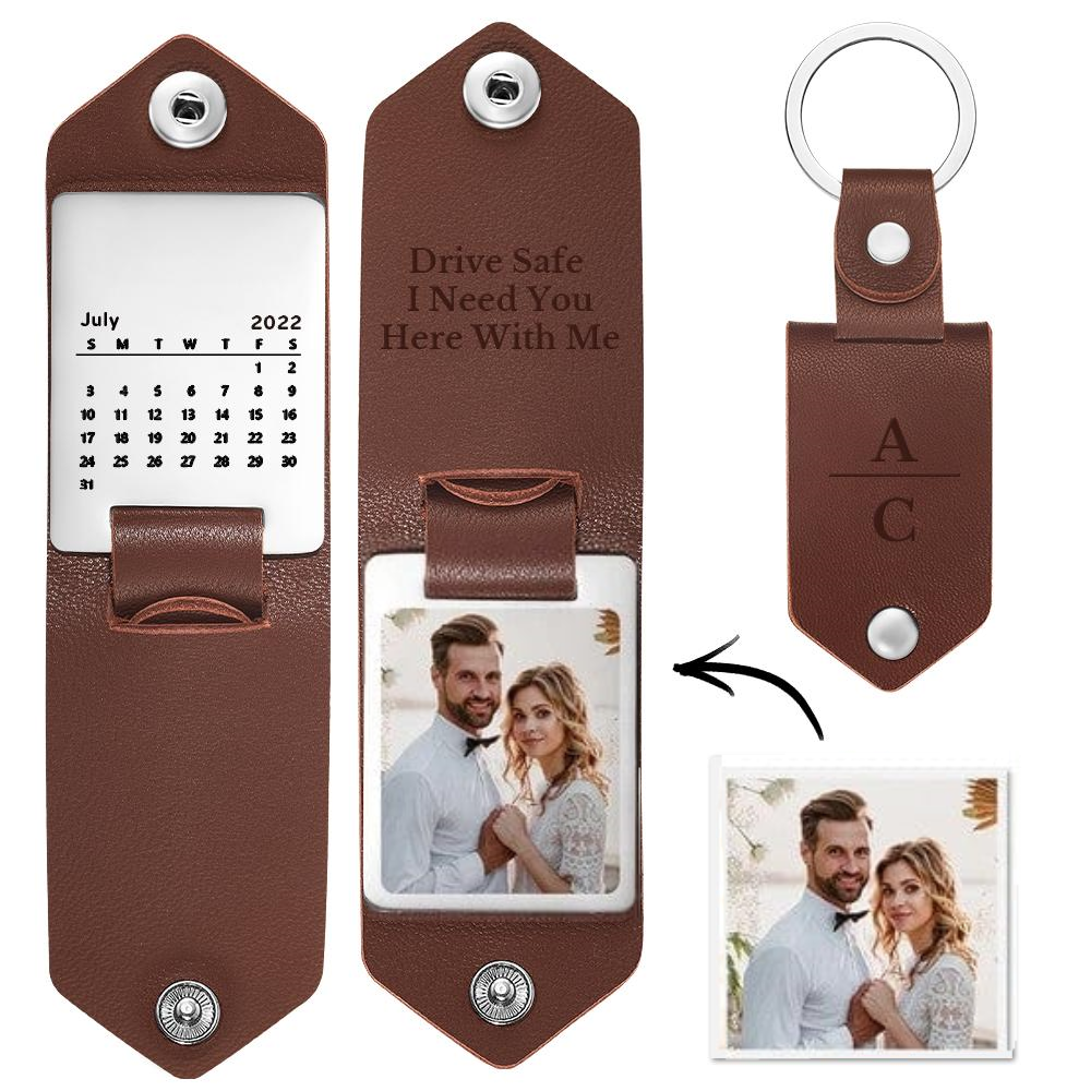 Drive Safe Keychain Leather Keychain Personalized Leather Keychain with Photo and Text Anniversary Gift for Couple
