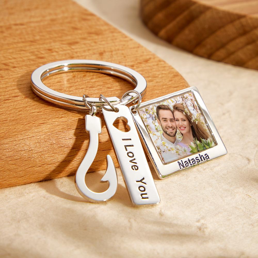 Custom Photo Fish Hook Keychain Creative Engraved Key Ring Father's Day Gifts - customphotokeychain