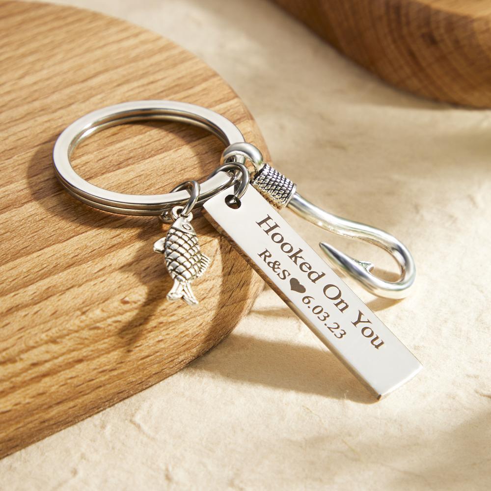 Custom Engraved Keychain Hooked on You Fish Hook Gifts - customphotokeychain