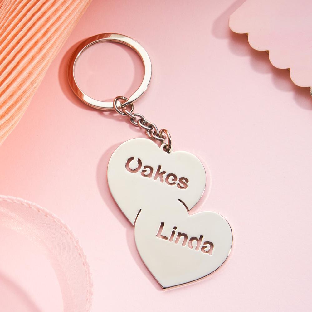 Personalized Name Double Hearts Keychain Creative Love Keychain For Couples - customphotokeychain