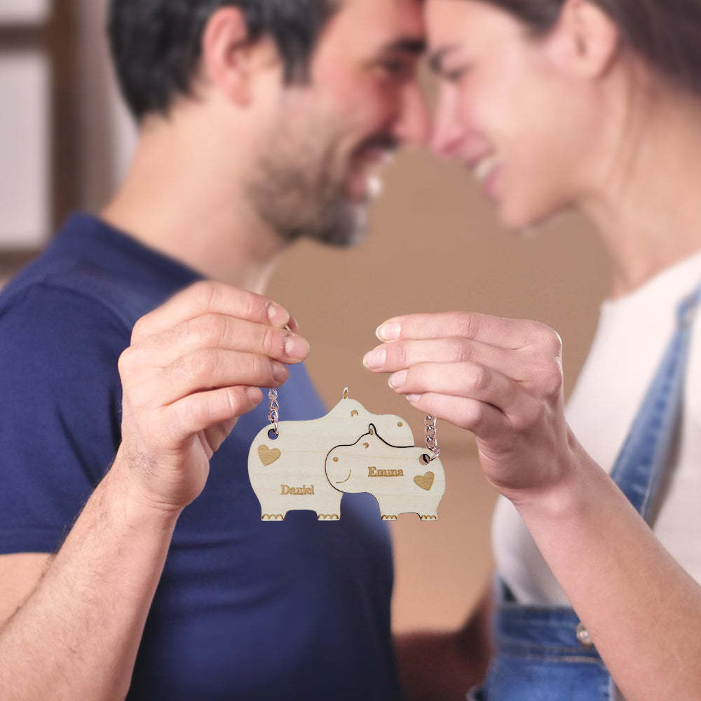 Personalized Couple Matching Keychain Custom Matching Hippos Keychain Valentine's Day Gifts for Lover - customphotokeychain