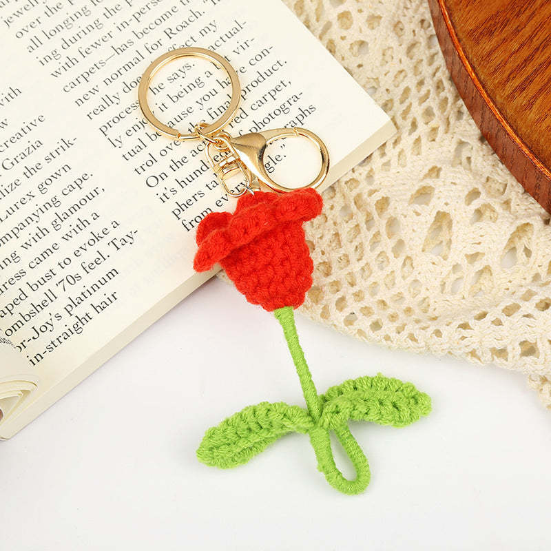 Crochet Flower Keychain Creative Tulip Handmade Knitted Keychain Gift for Her - customphotokeychain