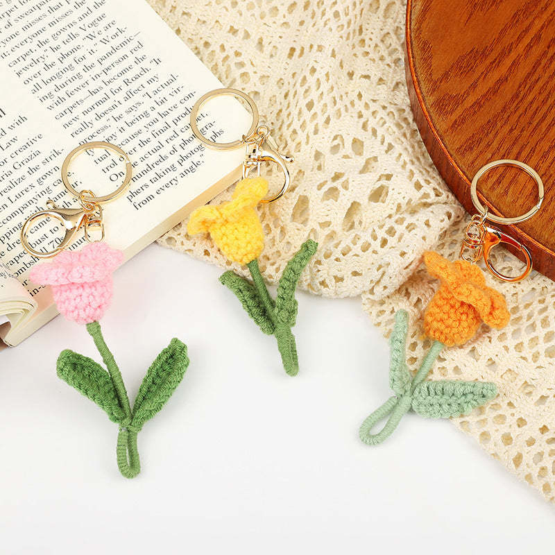 Crochet Flower Keychain Creative Tulip Handmade Knitted Keychain Gift for Her - customphotokeychain