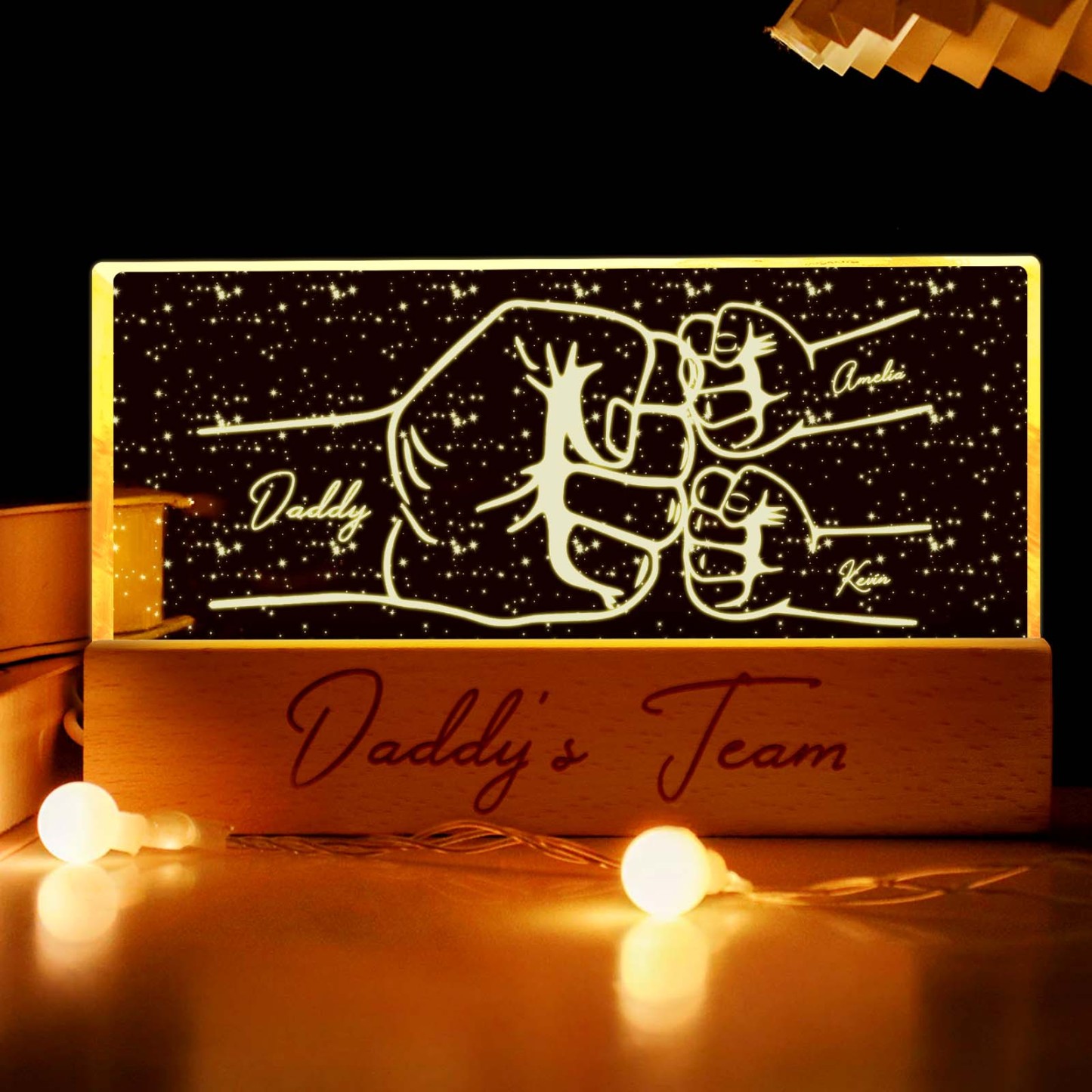 Custom Acrylic LED Night Light Personalized Daddy's Team Fist Bump Father's Day Gift - CustomPhotoKeychainUK