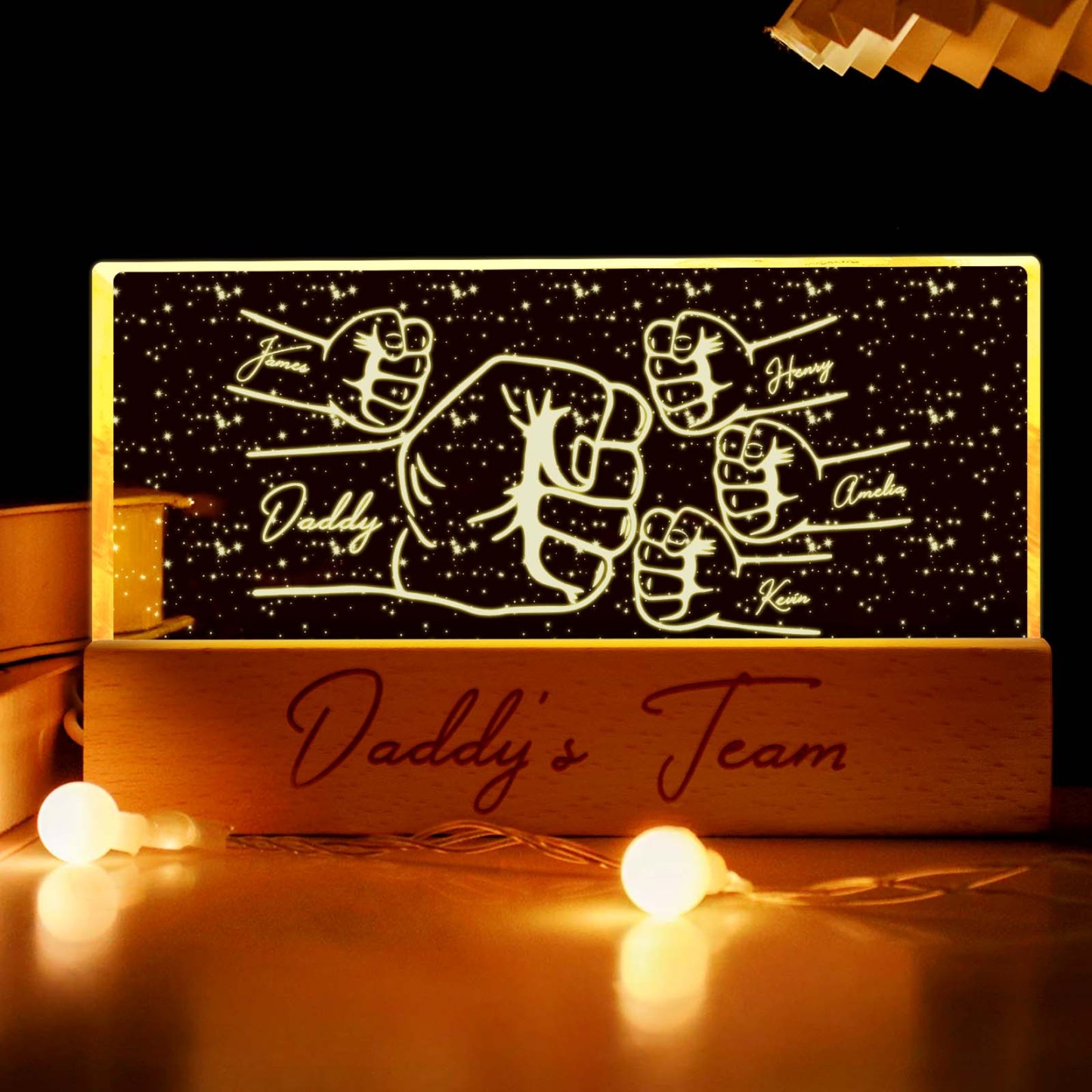 Custom Acrylic LED Night Light Personalized Daddy's Team Fist Bump Father's Day Gift - CustomPhotoKeychainUK