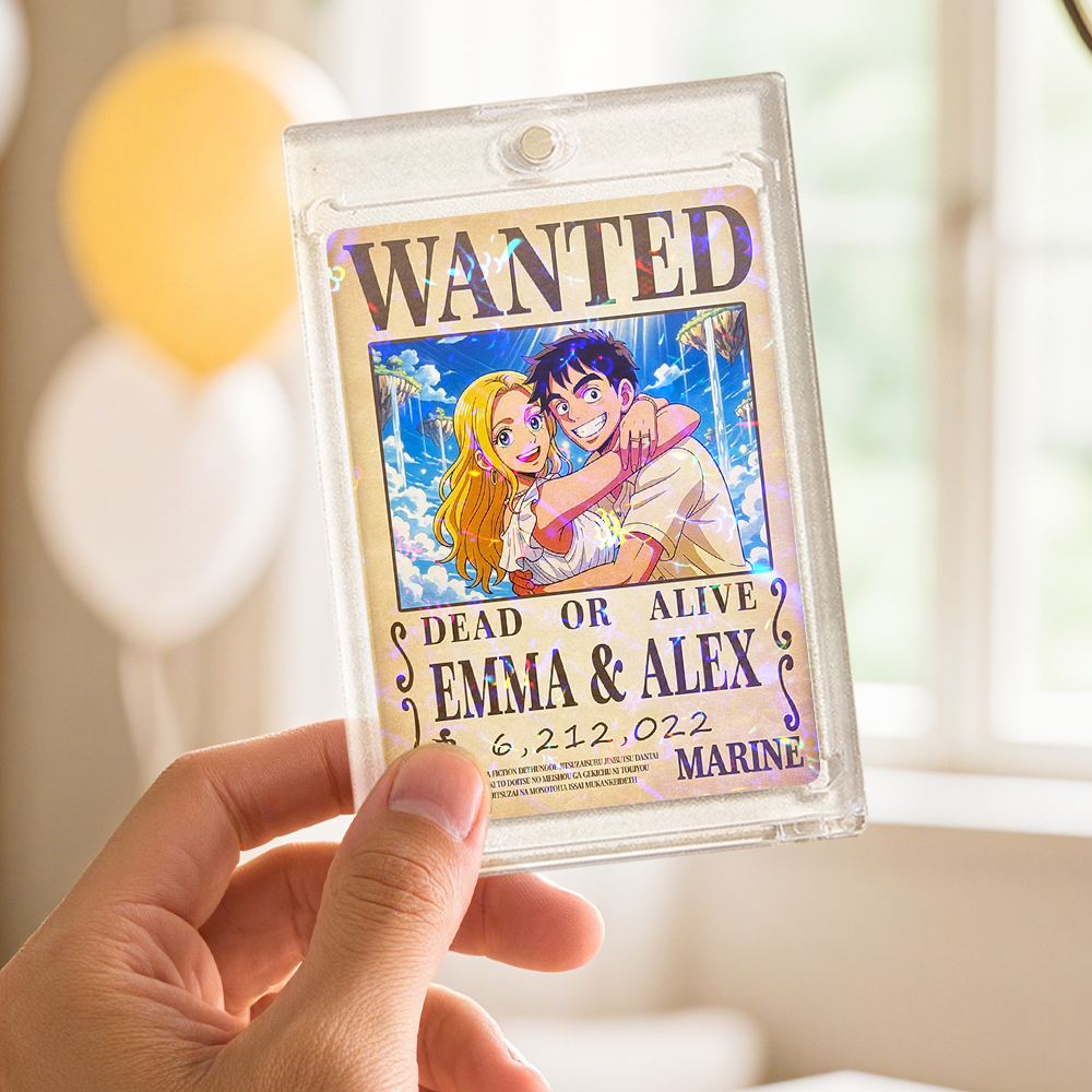 Custom Anime Bounty Couple Portrait Game Card, Personalized WANTED Bounty Card with Holographic Foil, Unique Gift for Couples & Friends