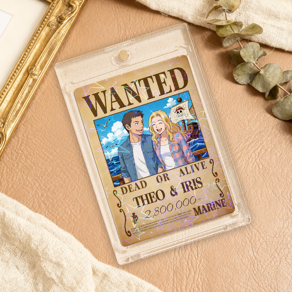 Custom Anime Bounty Couple Portrait Game Card, Personalized WANTED Bounty Card with Holographic Foil, Unique Gift for Couples & Friends