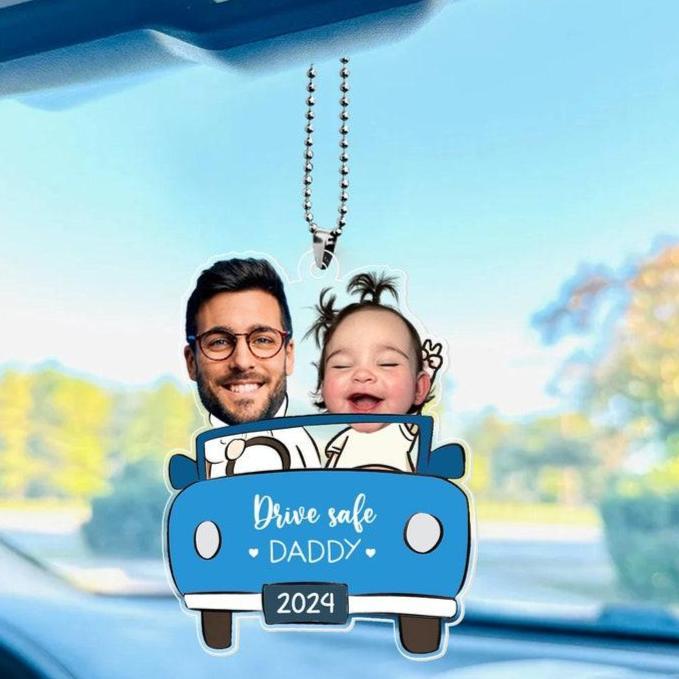 Personalized Photo Ornament in Car for Dad, Funny Customized Drive Safe Daddy Acrylic Hanger Gift Idea for Husband, Dad Birthday Gift - CustomPhotoKeychainUK