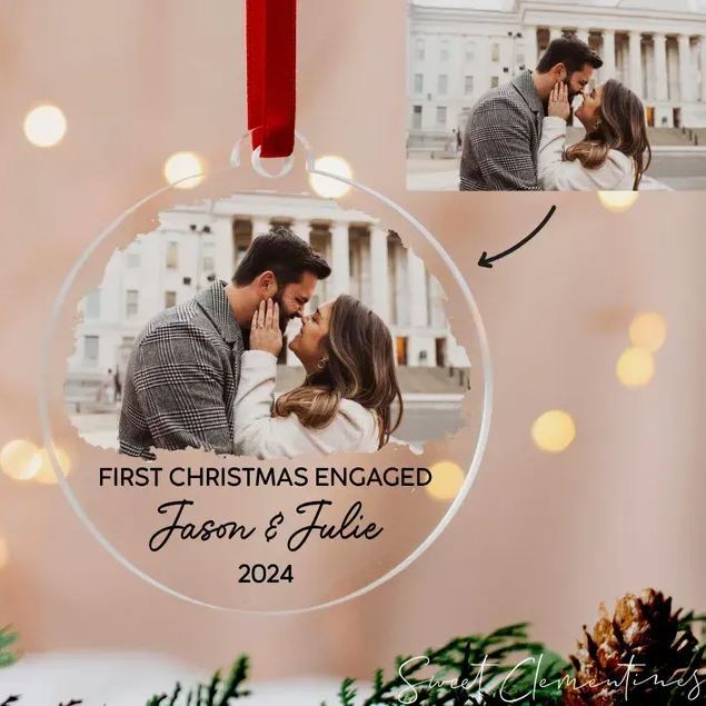 Personalized Our First Christmas Engaged Ornament, Custom Photo Ornament, Christmas Gift for Couple, Engagement Gifts, Christmas Ornaments